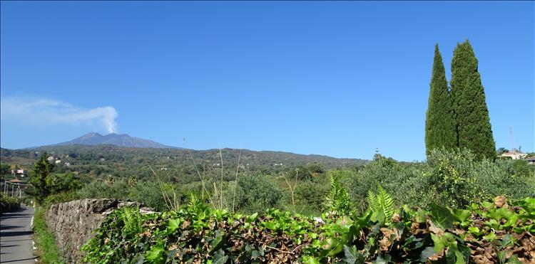 Mount Etna, smoking lightly in glorious sunshine and green countryside