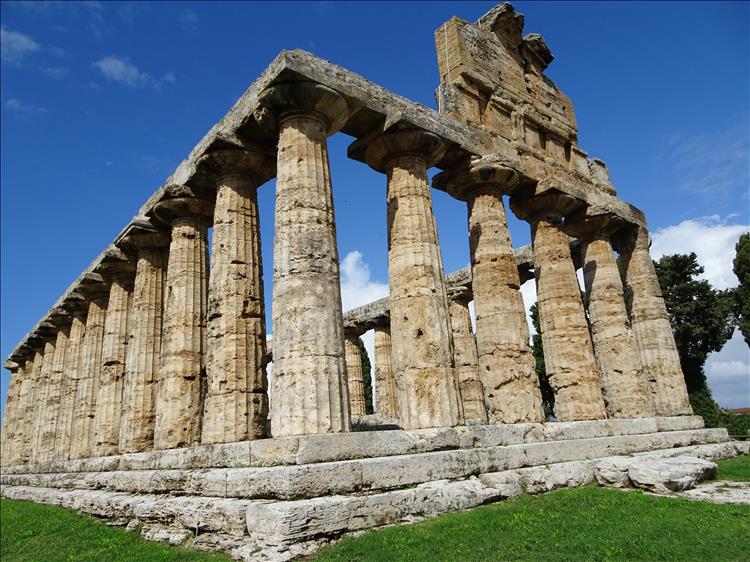 Ancient colonnades chipped and worn on the ruins