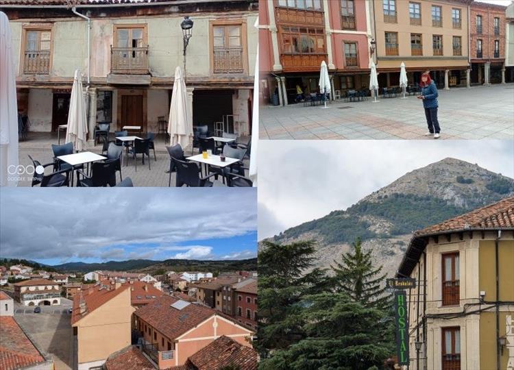 An old cafe, Sharon on the square, rooftops and hills around the town, a montage image