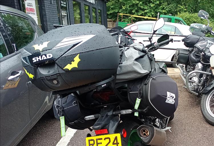 The Z500 with Shad top box and panniers and a bag over the rear seat