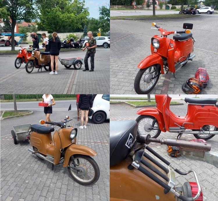 A montage of the 2 Schwalbes one with a trailer the other in vibrant red
