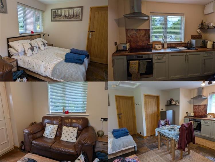 4 images in a montage inside the accommodation showing a bed, kitchen, settee and dining table