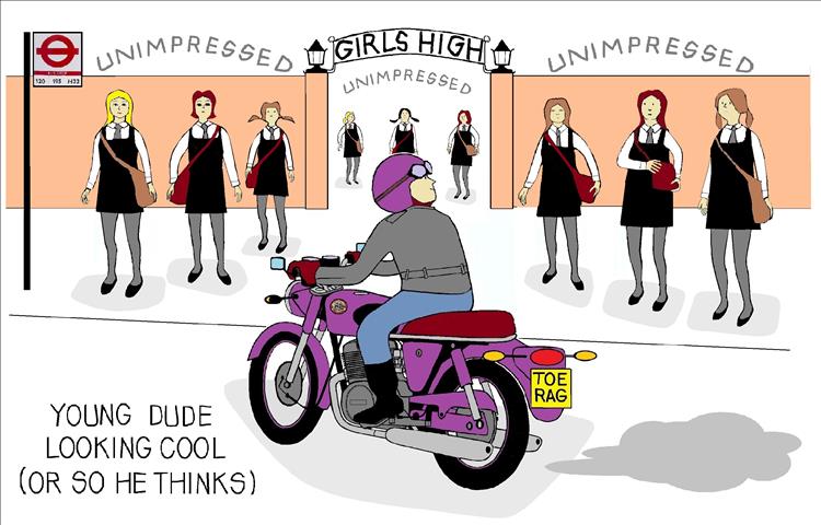 Cartoon of girls outside a school being unimpressed by the guy on the bike who thinks he's so cool