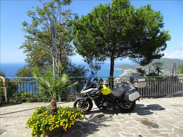 The SV650 looking resplendent in the sun on the Italian coast