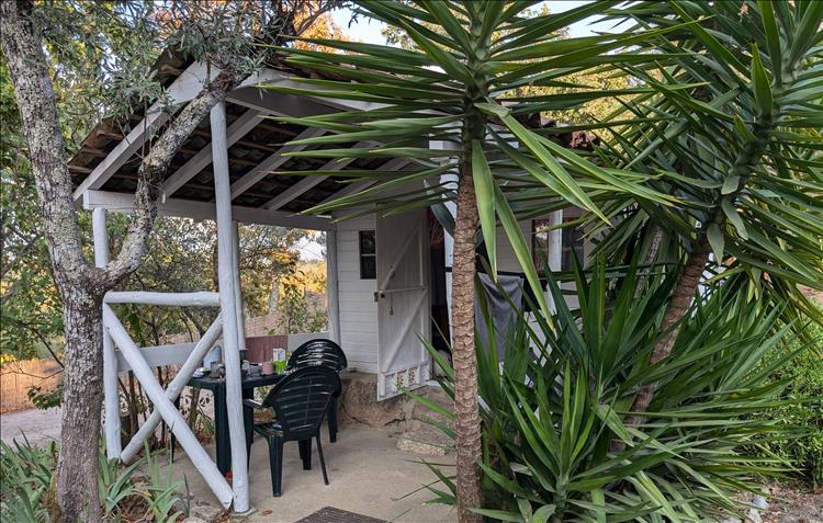 A shed painted white with a porch with plastic chairs and a table, surrounded by palm plants