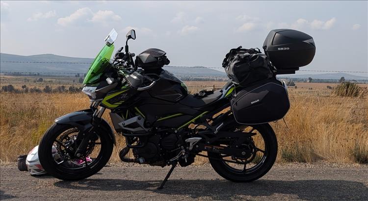 The Z400 with top box, panniers and bag on the back seat