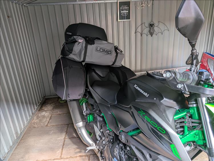The Z500 complete with luggage in the shed all ready for the trip