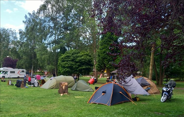 The tents and the small bikes among massive trees and grass at the lads pitch up