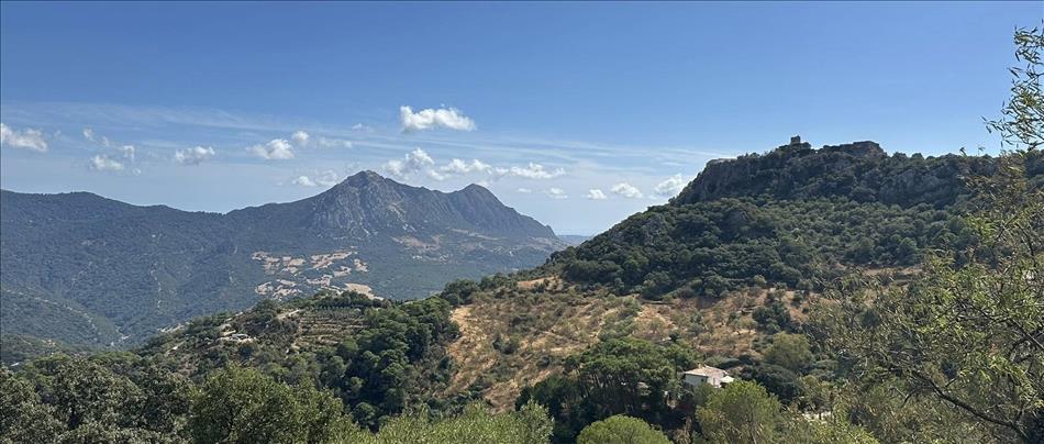 2 distinct pointy peaks dominate a range of mountains