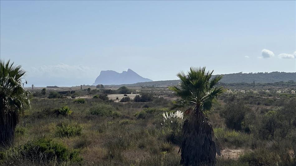 In the hazy distance the outline of the rock of Gibralter, rough hardy ground