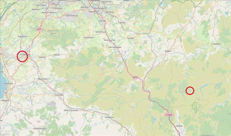 A map with Kilmarnock and Talla Linnfoots circled