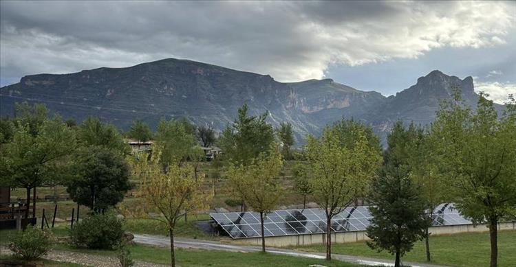 In the foreground between trees are solar panels, in the distance majestic stony mountains