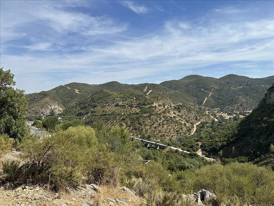 Trees and rocks, hilltops and a road, we can just make out an arched bridge too