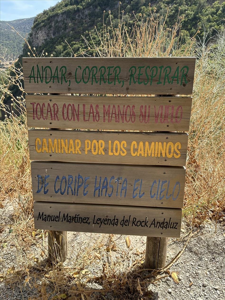 A sign, 6 strips of wood with spanish writing in different colours on each strip
