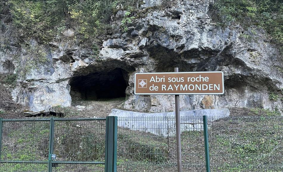 The entrance to a cave behind a wire fence and tress all around