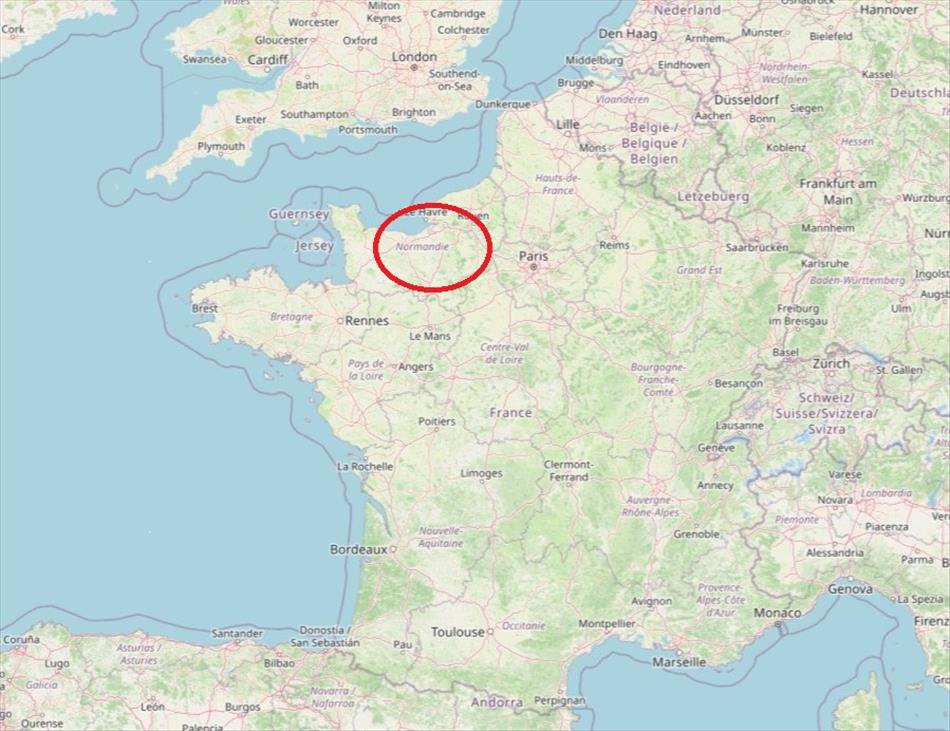 Normandy circled in red on a simple map