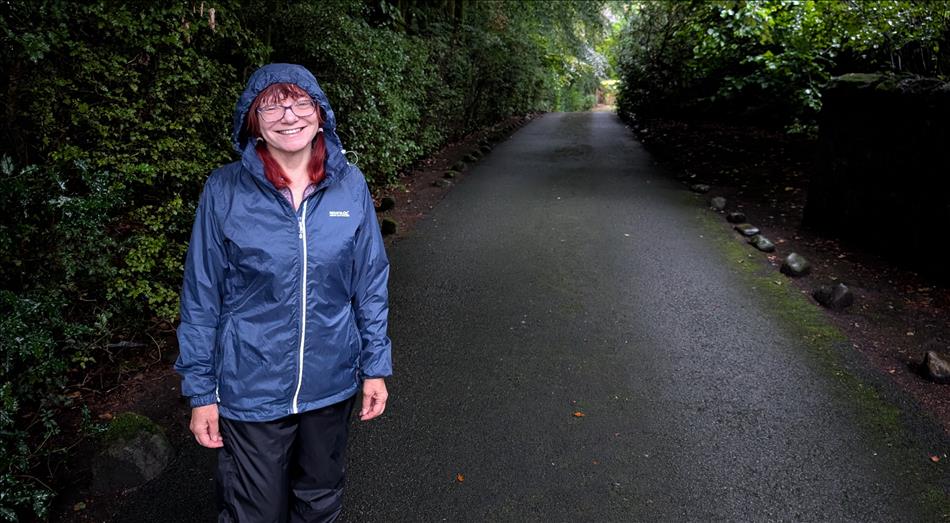 Sharon is wet and wearing full waterproof clothing in the rain