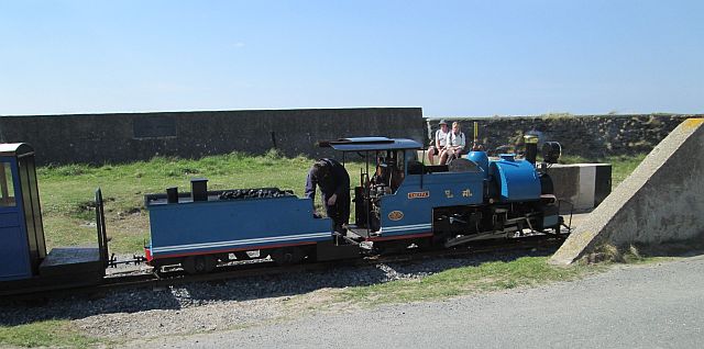 a small steam train in the sun on the narrow tracks