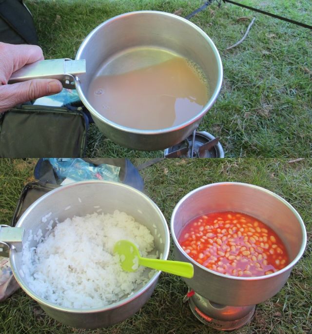 tea, rice and bean all in separate pans, camping food