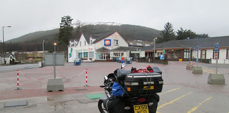 the 125 parked outside the green welly stop in tyndrum