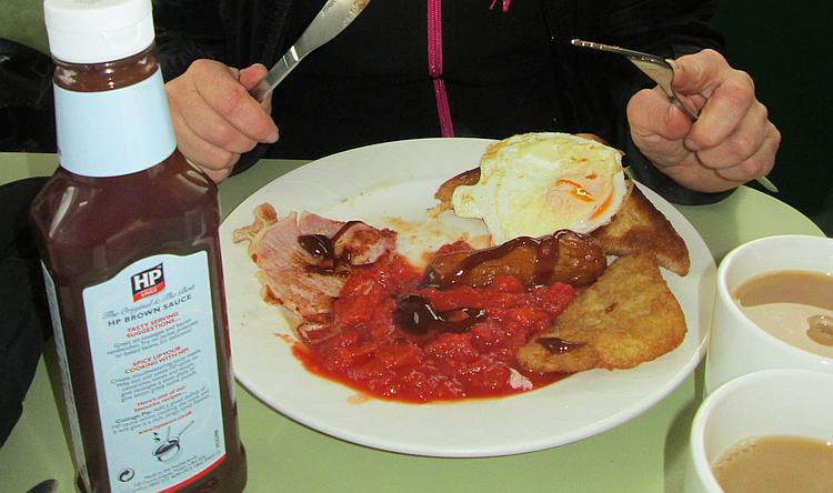 A full English breakfast being consumed by Sharon