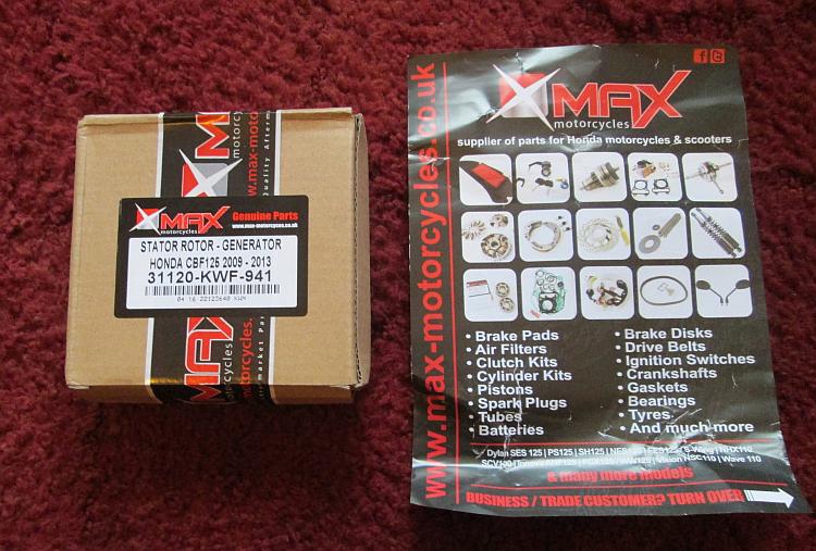 The box and a flyer that came with the max motorcycles stator for the Honda