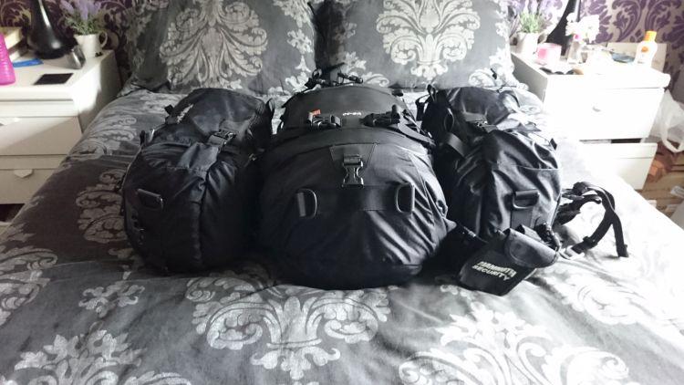 The three black Kreiga bags all packed and ready to go
