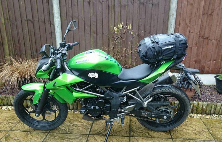 The 20 litre drypack is now secured to the rear seat of the kawasaki