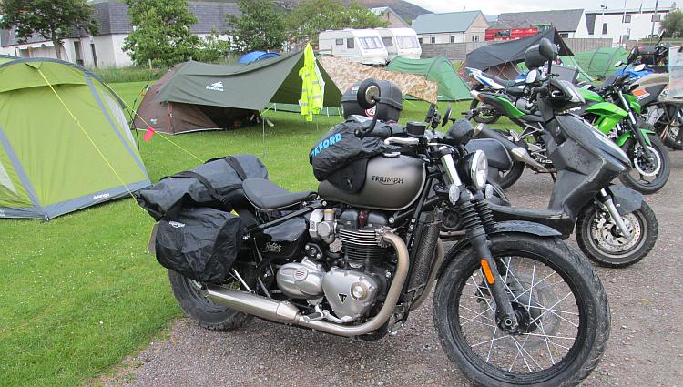 A Triumph Bobber and a Yamaha scooter at the campsite in Ullapool